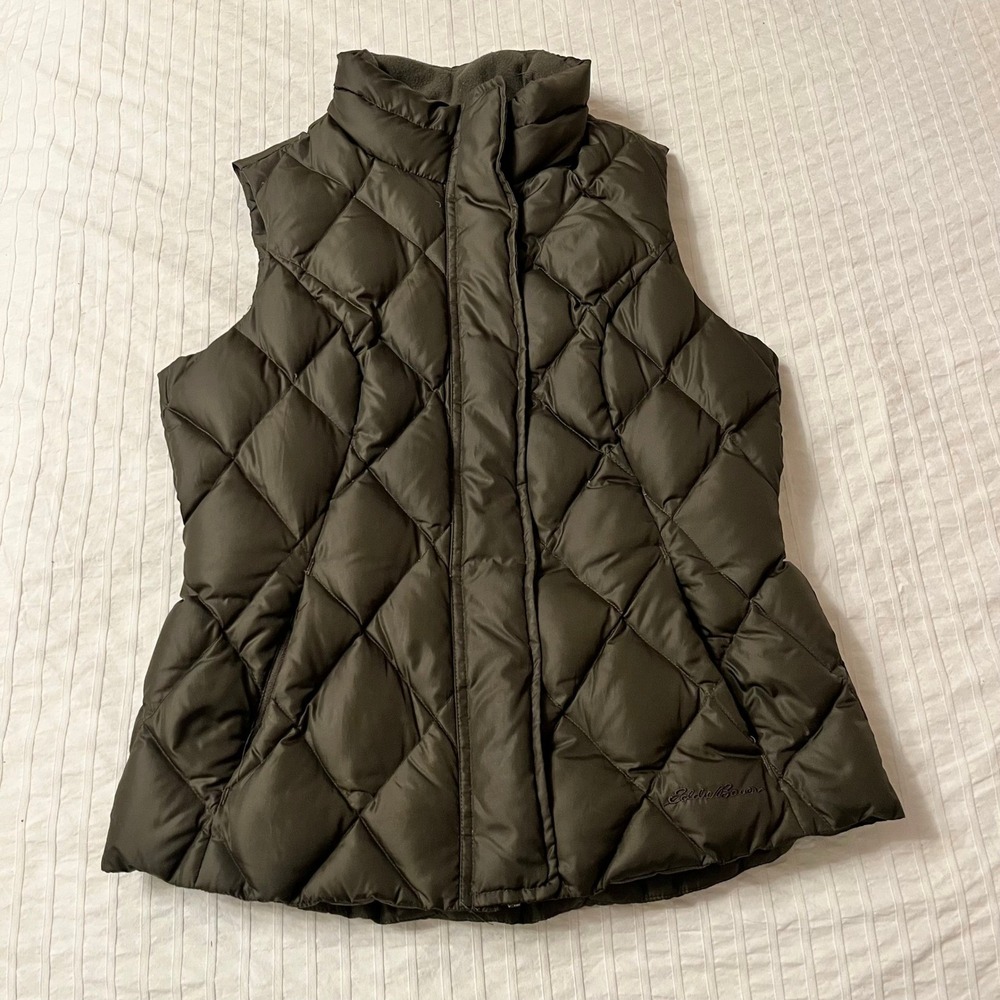 Eddie Bauer Womens Goose Down Diamond Quilted Puffer Vest Olive Green Brown Sz S